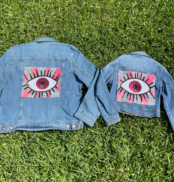 Mom and Mini Silver and Pink Sequin Evil Eye Jean Jacket
