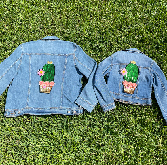 Mom and Mini Sequin LOVE Cactus with Sequin Flowers Jean Jacket