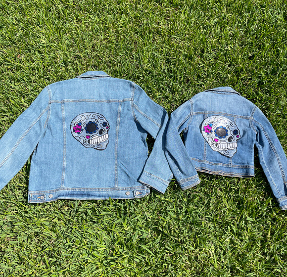 Mom and Mini Sequin Skull with Flowers Jean Jacket