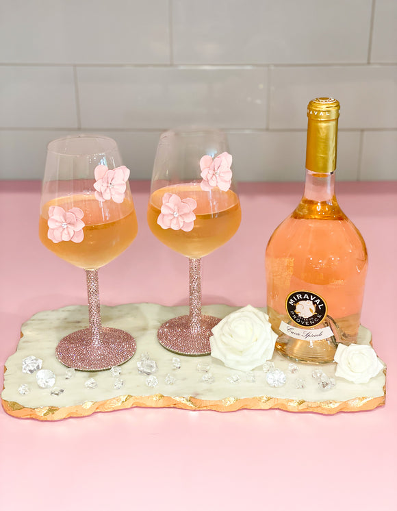 Pink Flowers Glam Rhinestone Stem Wine Glasses