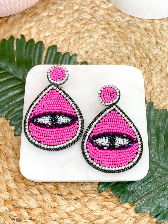 Rhinestones, Hot Pink and Mermaid Beaded Evil Eye Earrings