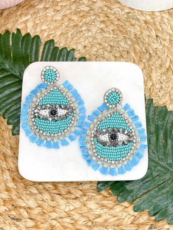 Rhinestones, Silver and Turquoise Beaded Blue Fringe Evil Eye Earrings