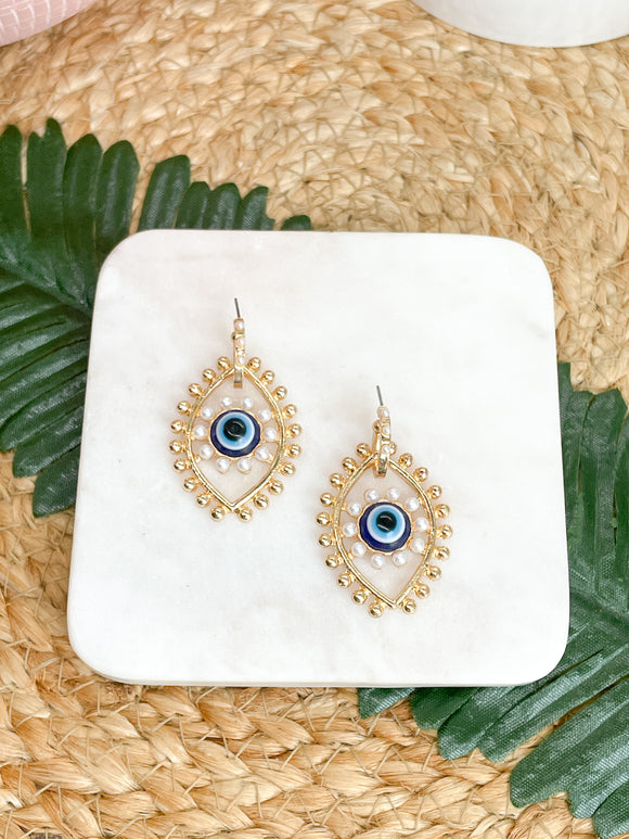 Gold and Pearls Blue Rhinestone Evil Eye Earrings