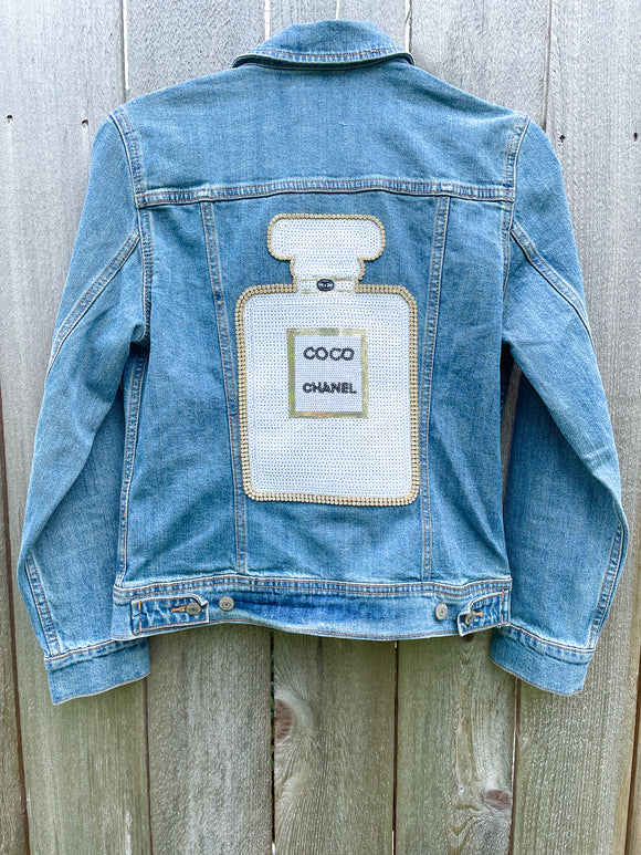 White and Gold Sequin Perfume Bottle Jean Jacket