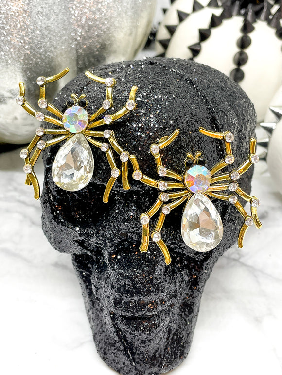 Gold AB Rhinestone Spider Halloween Earrings