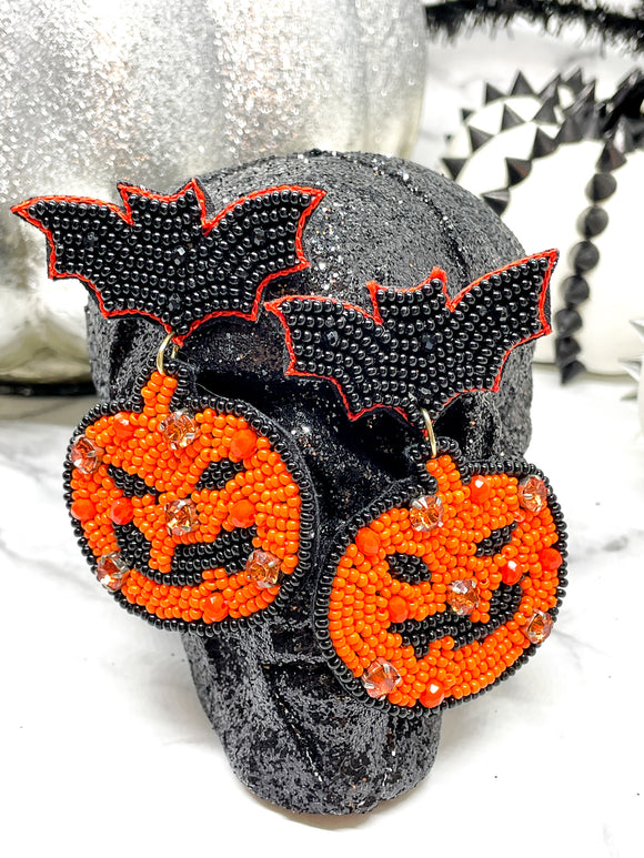 Black and Orange Beaded and Rhinestone Pumpkin and Bat Halloween Earrings