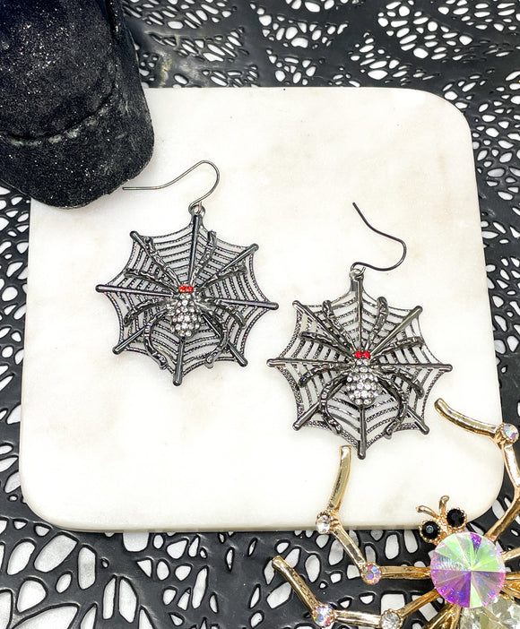 Gunmetal Silver Spider with Red and Crystal Rhinestones Spiderweb Halloween Earrings