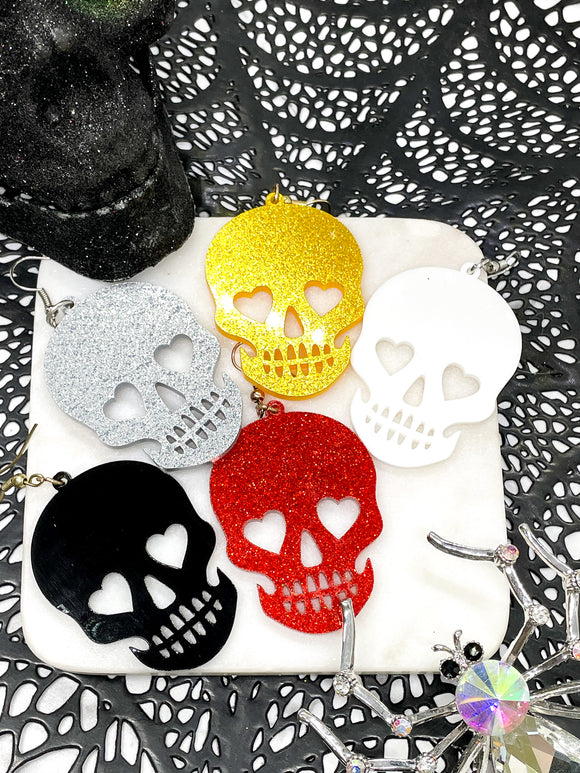 White, Black, Glitter Silver, Red and Gold Skull Halloween Earrings