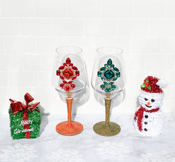 Red & Green Jeweled Rhinestone Christmas Tapered Wine Glasses