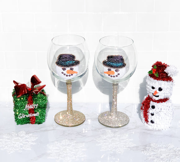 Sequin Snowman Silver & Gold Rhinestone Wine Glasses