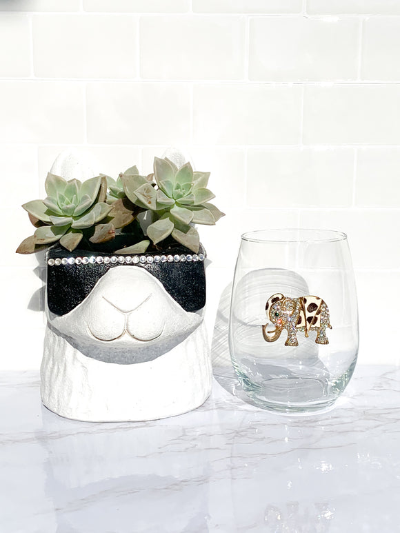 Rhinestone elephant with furry spots and an emerald green eye stemless wine glass