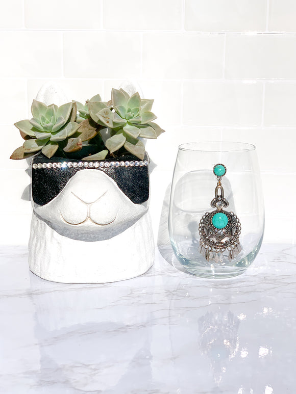 Turquoise & Silver Dream Catcher Stemless Wine Glass