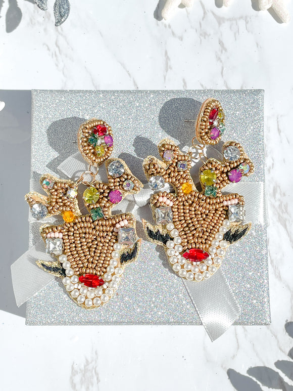 Beaded and Rhinestone Rudolph Christmas Earrings