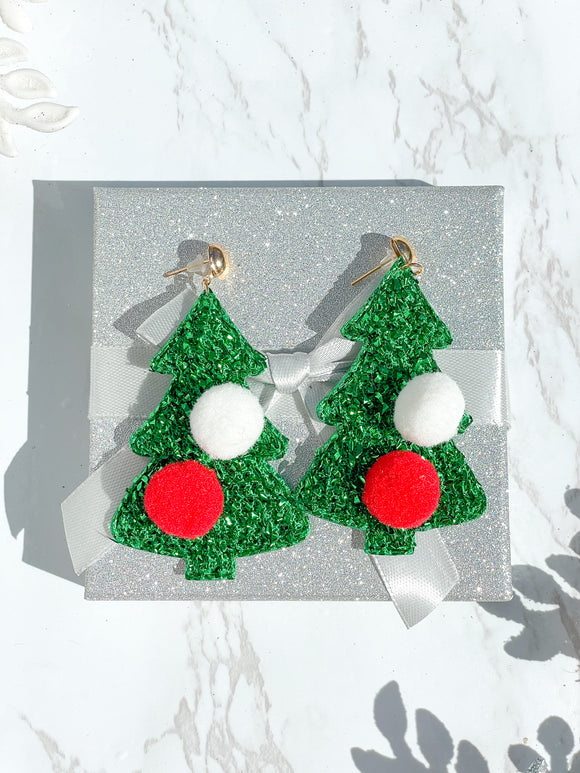 Sparkly Green Christmas Tree with Poms Christmas Earrings