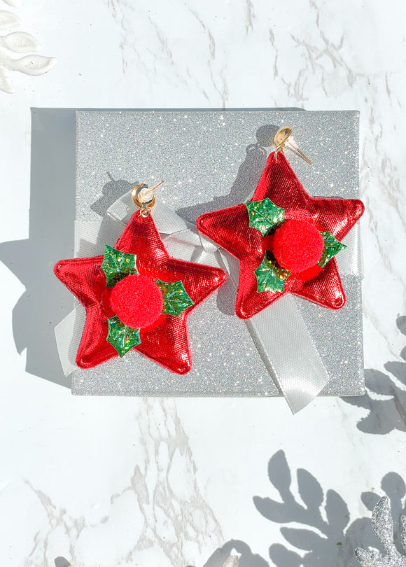 Mistletoe with Pom Star Christmas Earrings