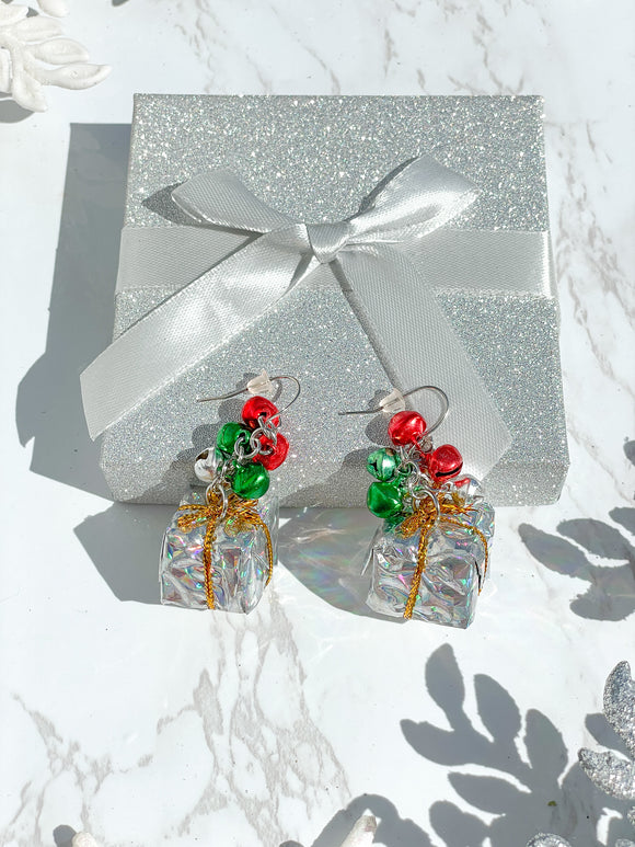 Silver Present with Bells Christmas Earrings