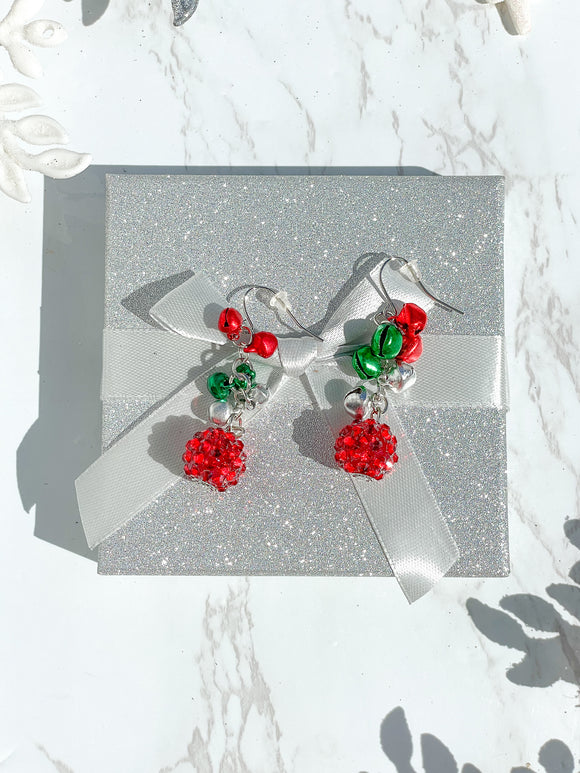 Rhinestone Ornament with Bells Christmas Earrings