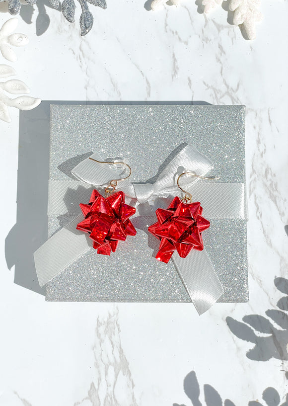 Red Metallic Present Bow Christmas Earrings