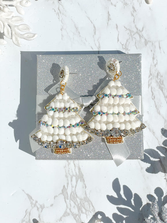 Rhinestone and Poms White Christmas Tree Earrings