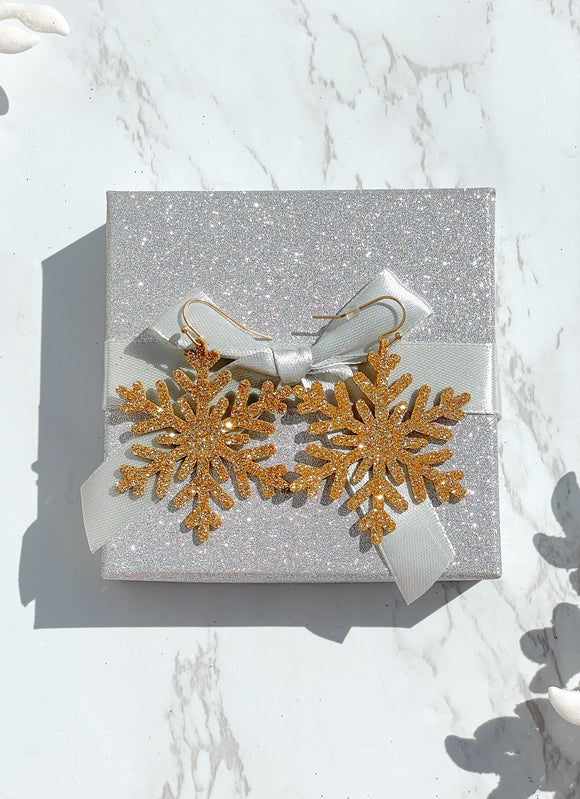 Gold Glitter Snowflake Christmas Earrings