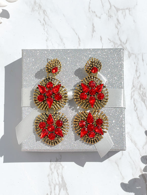 Gold and Red Rhinestone Christmas Earrings