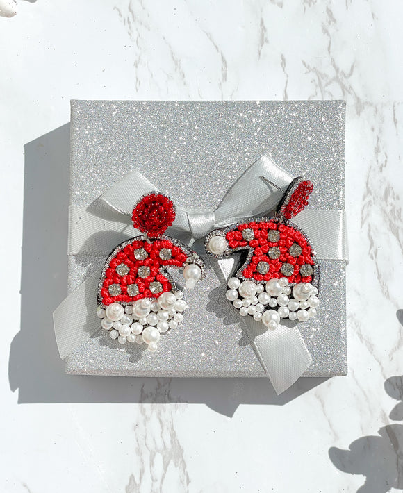 Rhinestone Pearl Santa Hat Christmas Earrings