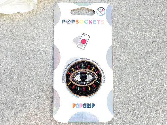 Black and Colorful Beaded Evil Eye with Rhinestones and Gold Chain Edging Phone Popsocket