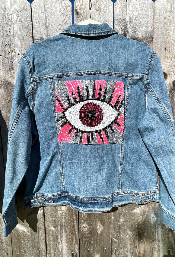Custom Silver and Pink Evil Eye Jean Jacket
