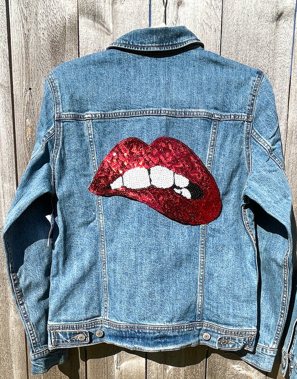 Custom Red Sequin Lips Jean Jacket