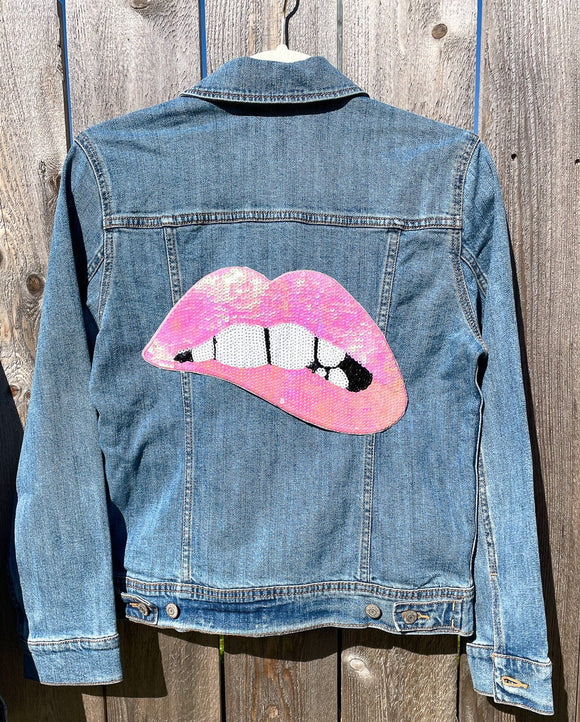 Custom Pink Sequin Lips Jean Jacket