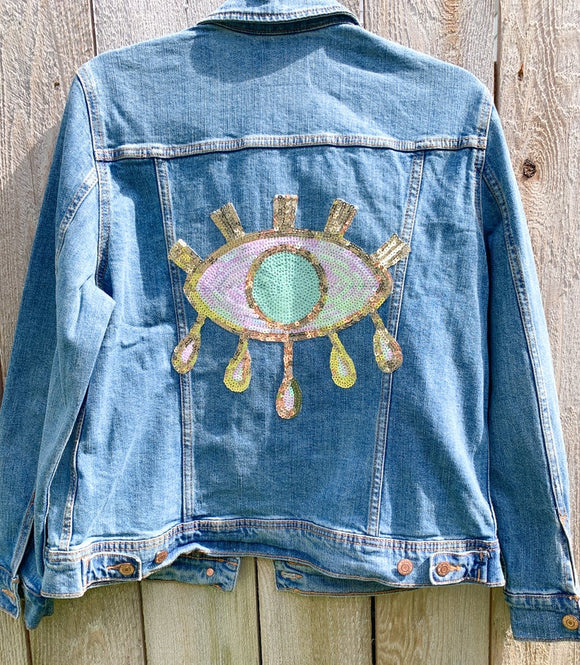 Iridescent Pink, Gold and Green Sequin Evil Eye Jean Jacket