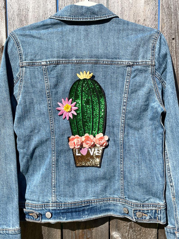 Sequin LOVE Cactus with Sequin Flowers Jean Jacket
