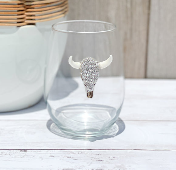 Crystal Rhinestones Longhorn Skull Stemless Wine Glass