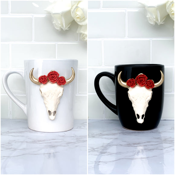 Ivory & Gold Longhorn Skull with Red Roses Crown Mugs