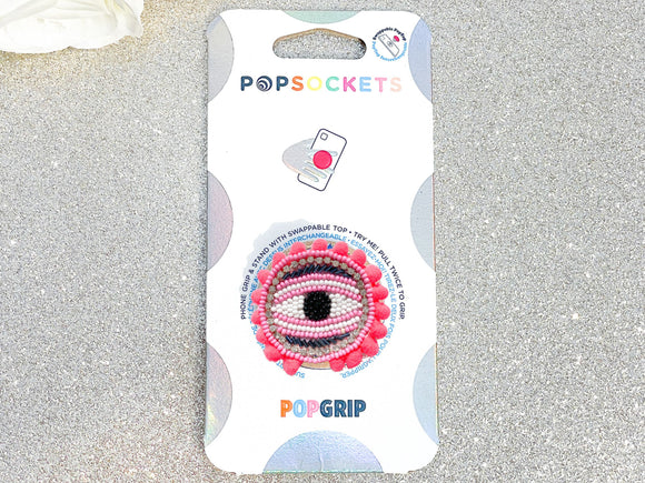 Pink, White and Gunmetal Silver Beaded Evil Eye with Neon Pink Pom Poms Phone Popsocket